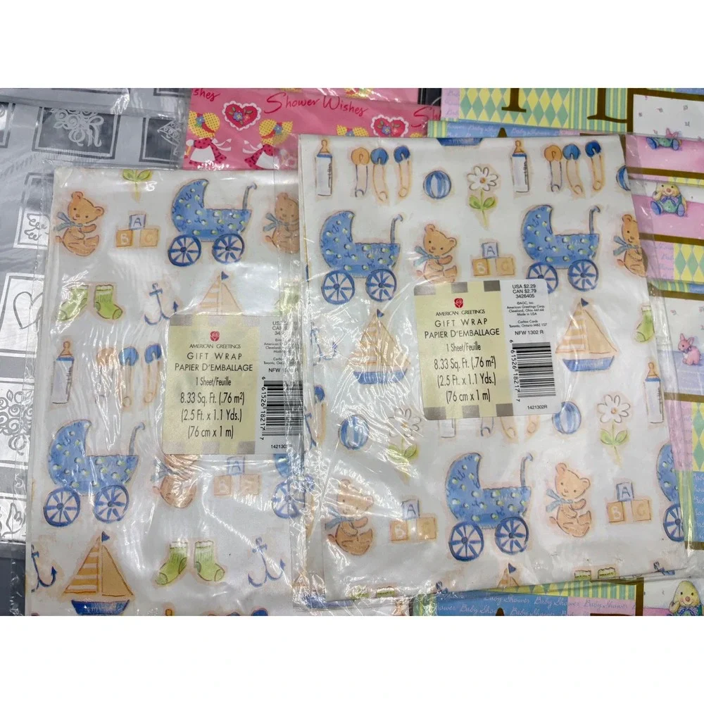 Vintage Baby Shower Gift Wrap Lot American Greetings Carlton‎ Cards 14 Sheets